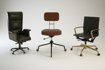 Obraz premium Showcases three different vintage office chairs against a plain backdrop.