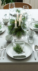Minimalist Festive Table Setting with Pine Branches and Candle Decoration