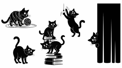Set of playful black cats in various poses and activities.