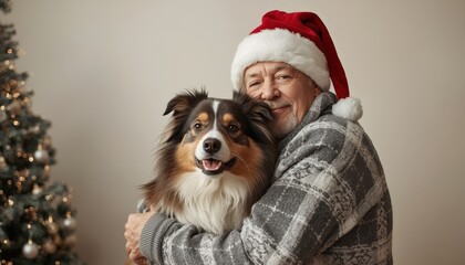 Senior man wearing festive headwear embraces beloved canine companion near illuminated holiday evergreen