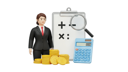 Businesswoman Analyzing Finances with Calculator and Coins