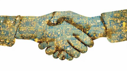 Digital handshake with circuit board pattern symbolizes technology partnership investment innovation business growth collaboration opportunities driving future success and digital transformation - Powered by Adobe
