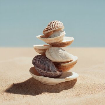 A stack of seashells balanced on a sandy beach under a bright blue sky on a sunny day at the coast
