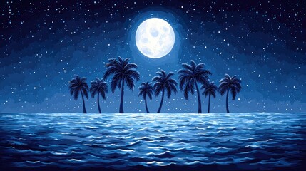 Silhouetted palm trees stand on an island beneath a bright full moon in a deep blue night sky over rippling water.