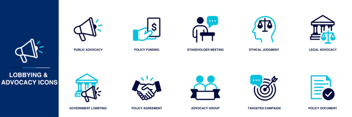 Lobbying & Advocacy Blue Colored Outline Icon Set