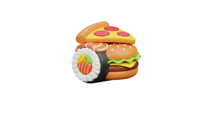 Stacked food items pizza burger sushi concept