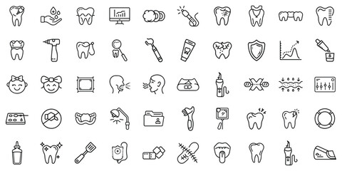 A collection of dental care icons showcasing tools, procedures, and hygiene tips in a minimalist style.