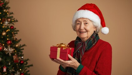 Elderly woman wearing a festive hat and sweater offers a wrapped holiday gift beside a decorated tree