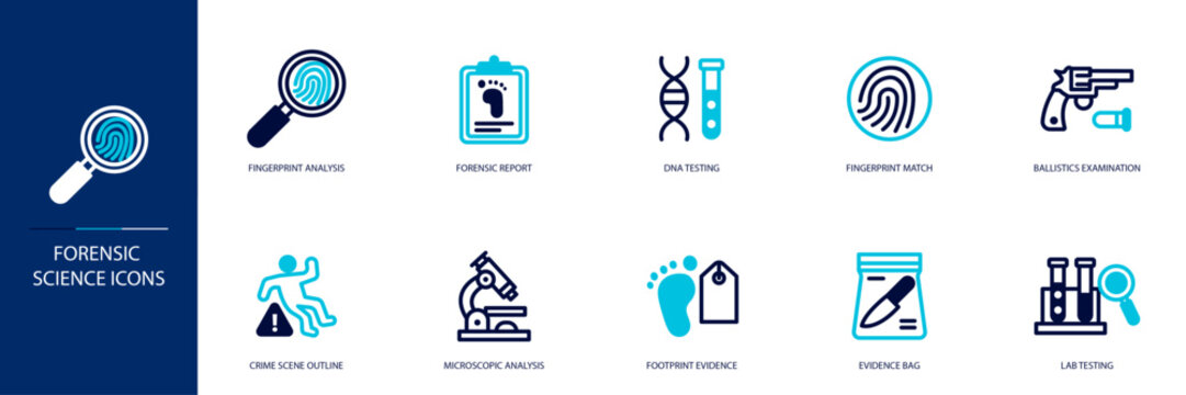 Forensic Science Blue Colored Outline Icon Set