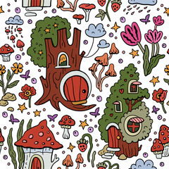 Vector pattern with gnomes and mushroom houses. Forest fairytale world. Seamless background with magical characters.
