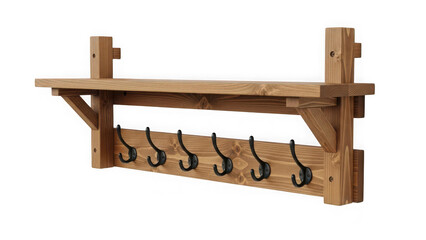 Fototapeta premium Rustic wooden wall shelf with six black metal coat hooks isolated on transparent background