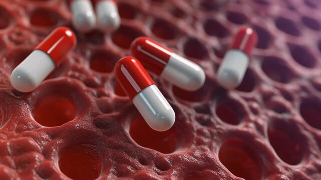 Medical capsules floating within a microscopic view of human tissue or blood vessels, representing internal drug delivery.