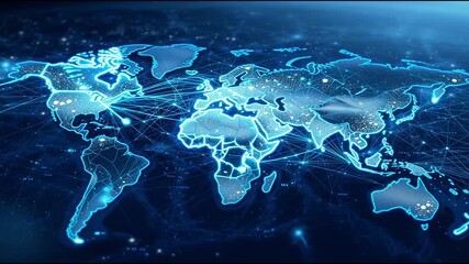 A glowing blue graphic representation of the world map with connected nodes and lines on a dark background, showcasing global networks and communication in a futuristic digital illustration. - Powered by Adobe