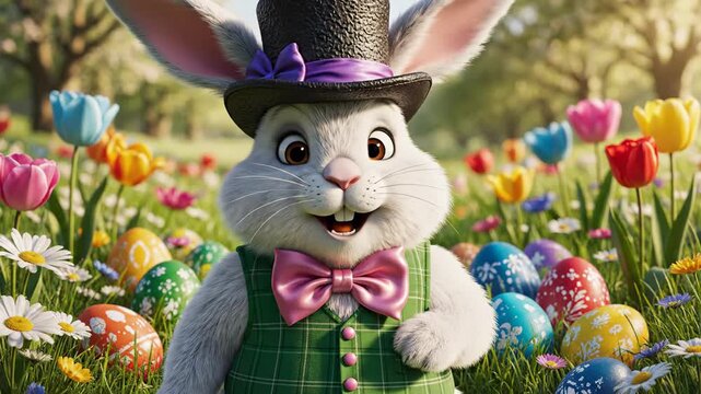 Smiling rabbit in a top hat waves, surrounded by colorful Easter eggs and tulips in a bright, sunny field