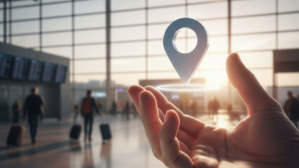 Hand holding holographic location pin in airport terminal with travelers moving in background, warm sunlight and modern architecture