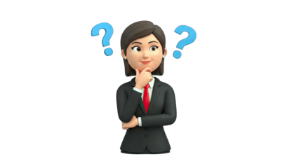 Businesswoman Thinking with Question Marks on White Background
