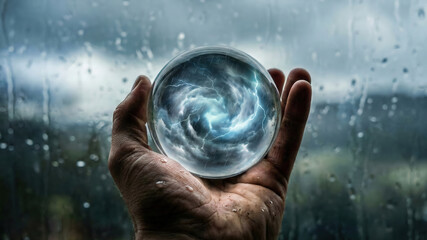 Hand holding glass sphere with storm vortex and lightning, moody rain background, dramatic energy