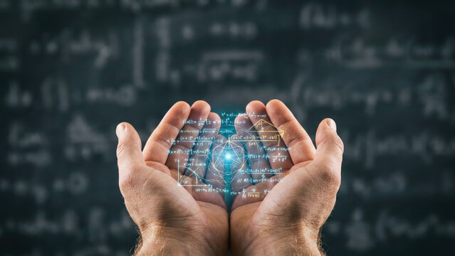Hands holding glowing holographic mathematical formulas and geometric diagrams, abstract scientific concept, inspirational energy and curiosity - Powered by Adobe