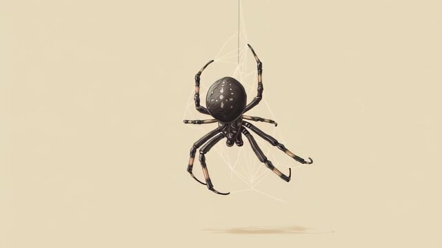 digital painting of spider hanging from thread with tiny web, pastel cream background, minimal halloween element