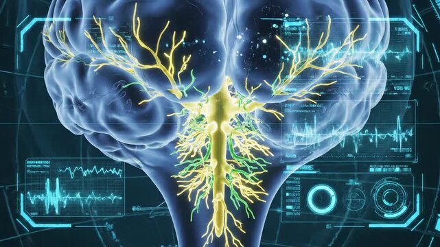 Animated 3D visualization of human brainstem with raphe nuclei and neural pathways, surrounded by futuristic digital interface elements.