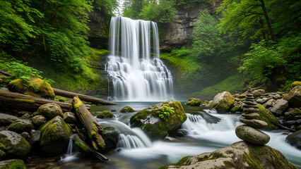 Fototapeta premium Serene Waterfall in Lush Green Forest with Mossy Rocks and Stacked Stones