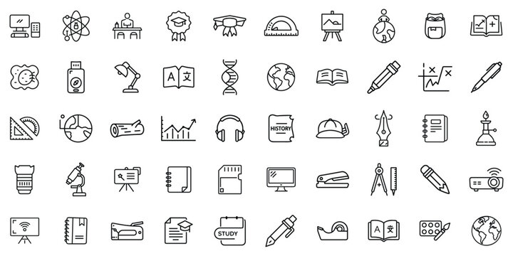 Diverse educational icons illustrating learning, science, and creativity in a minimalist style. - Powered by Adobe