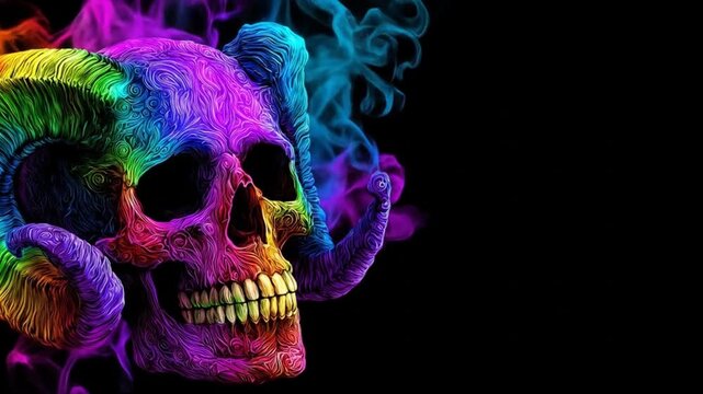 Colorful skull with horns on black background artistic digital illustration