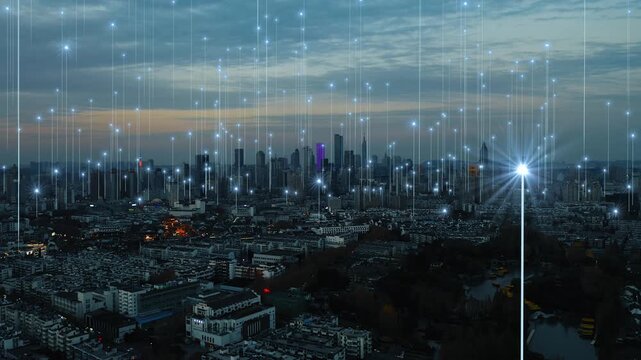 smart Connected city skyline. Futuristic network concept, city Technology.
