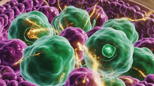 Microscopic view of corpus luteum cells, ovarian structure with internal glowing elements