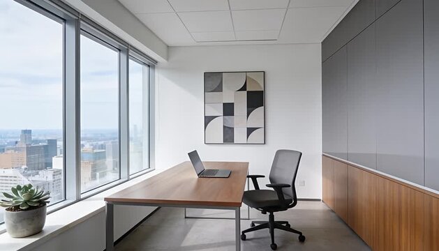 Modern highrise executive office interior workspace, with large windows providing a clear city skyline view.
