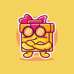 cool gift box character mascot with crossed arms isolated cartoon in flat style design