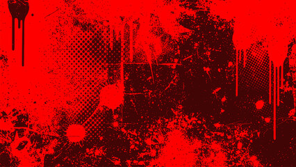 Abstract red grunge distressed texture background, dark black background with paint splashes, splatters, halftone, and ink drips. © Logo Solution
