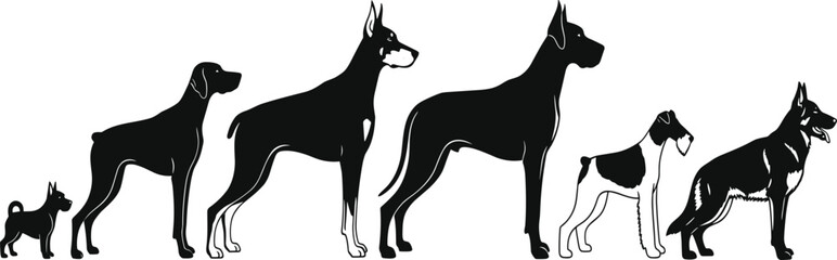 Dog silhouette collection showing multiple breeds standing in profile, domestic canine variety lineup isolated on white background illustration vector design