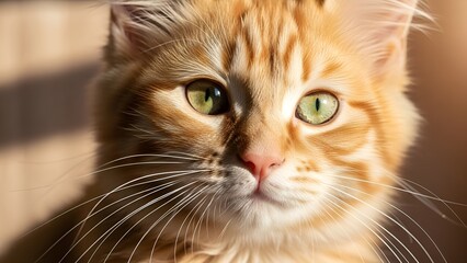 Close-up Portrait of a Striking Ginger Cat with Piercing Green Eyes Bathed in Soft Sunlight