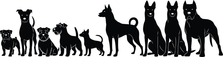 Dog silhouette vector, various breeds, black canine shapes, pet illustration, animal posture, minimal design, walking dogs, diverse dog icons, domestic animals
