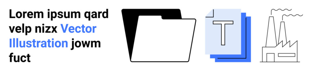 Data organization, content creation, industrial processes, workflow management, business operations, system design. File folder, text document and factory icons. Data organization and content