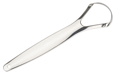 Stainless steel tongue scraper for oral hygiene, daily cleaning. Reusable dental care tool for fresh breath, bacteria removal and healthy mouth routine. Minimal medical accessory for personal care use