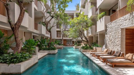 Fototapeta premium Luxurious resort courtyard features a long swimming pool surrounded by tropical foliage and modern architecture