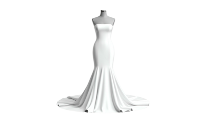 Elegant white, strapless, mermaid-style wedding dress on a mannequin against black