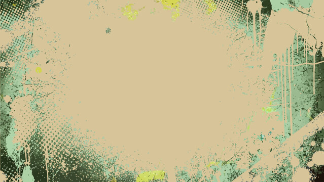 Abstract beige and green grunge background with splatter elements and halftone dots creating vintage distressed border or frame.