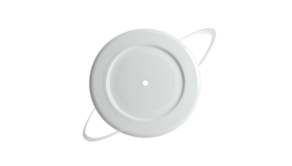 White, circular, dish-like object with two looping, arcing shapes against black