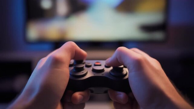 closeup of hand holding video game controller with blurred television screen on background