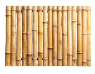 Vertical arrangement of numerous tan bamboo poles against a black background