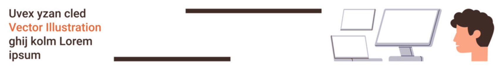 Technology, communication, workspace setup, digital interface, online learning, user interaction. Male head facing multiple screens including computer monitor and laptop. Technology and communication