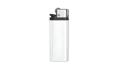 A rectangular, white lighter stands against a stark black background. It is upright and centered