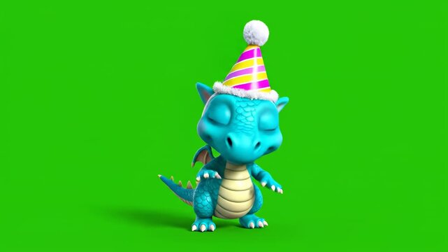 Fully isolated whimsical cartoon baby dragon on a solid green screen performing a cheerful wave while wearing a tiny birthday cap animation, simple action, fantasy creature