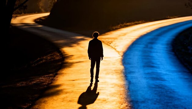A person stands at a crossroads, choosing between two divergent paths and contemplating their future journey.
