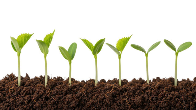 A progression of young bean sprouts growing from rich soil on transparent background