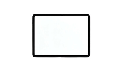Sleek, rectangular tablet device with a bright white screen, floating against a black backdrop