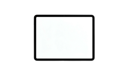 Sleek, rectangular tablet device with a bright white screen, floating against a black backdrop